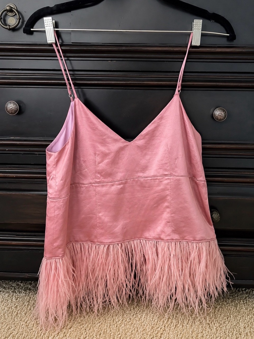 Pink Feather Trim Satin Cami Top